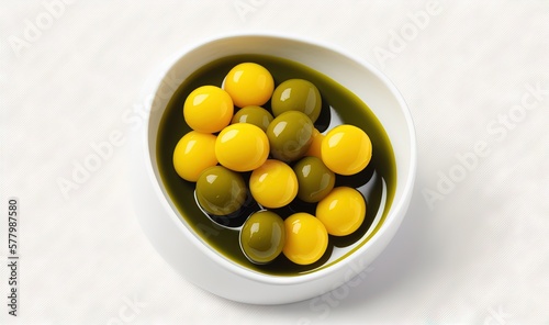  a white bowl filled with olives on top of a white counter top next to a white wall and a white table cloth behind it.  generative ai