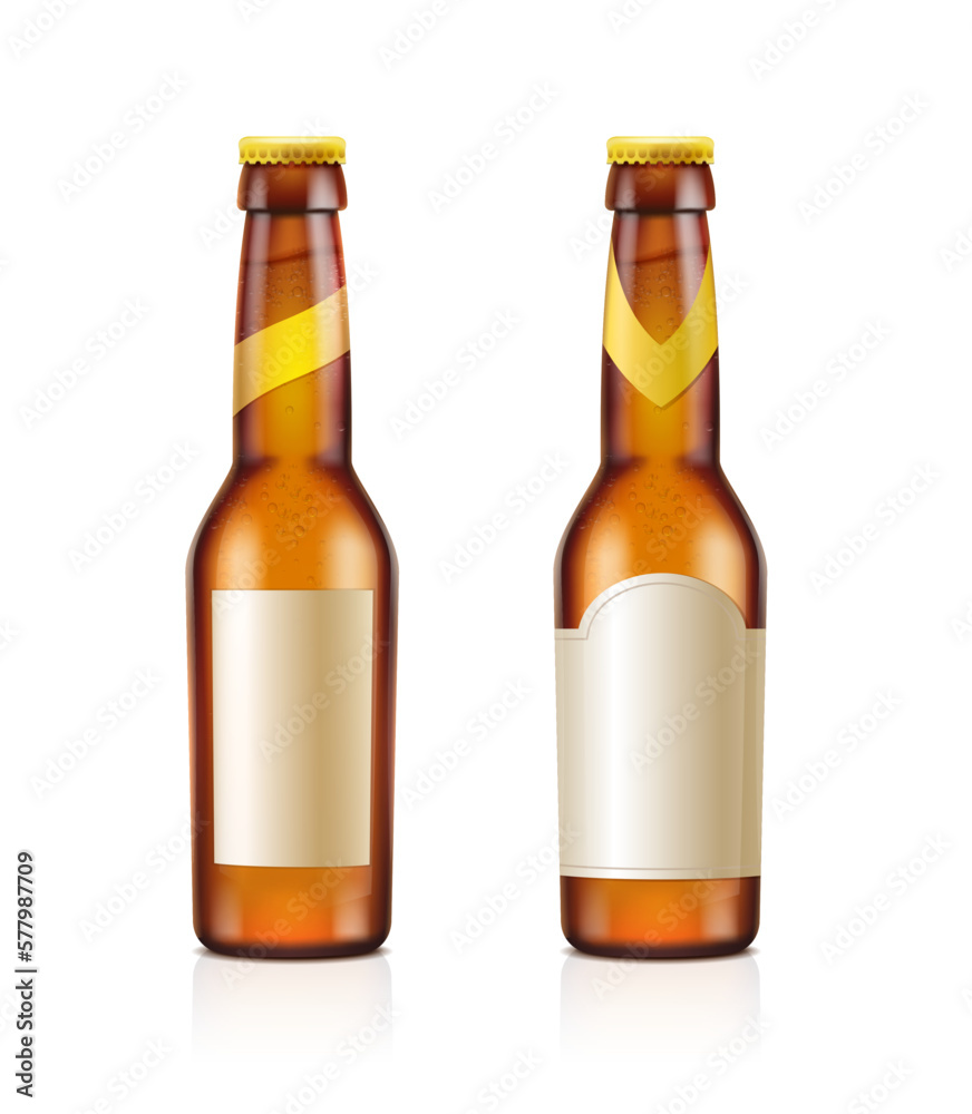 3d realistic vector icon. Set of brown transparent beer bottles with blank label. isolated on white background. 3d realistic vector icon. Set of brown transparent beer bottles with blank label. isolated on white background.