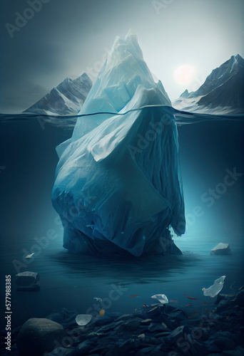 Iceberg and trash under water in the ocean. Generative AI..