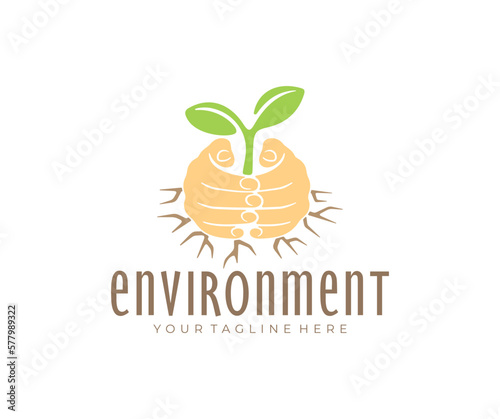 Hands protect the sprout from drought, nature and plant, logo design. Environment, environmental protection, agriculture and agricultural, vector design and illustration