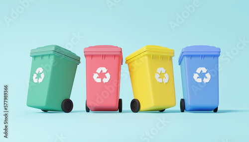 3D classification garbage with four bin trash green, red, yellow, blue, recycle symbol open various lid environmental conservation concept. waste sorting. 3d render. illustration cartoon minimal style