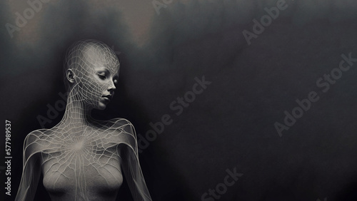 Fotografering fantasy spider web woman completely woven around and in black and white, aesthet