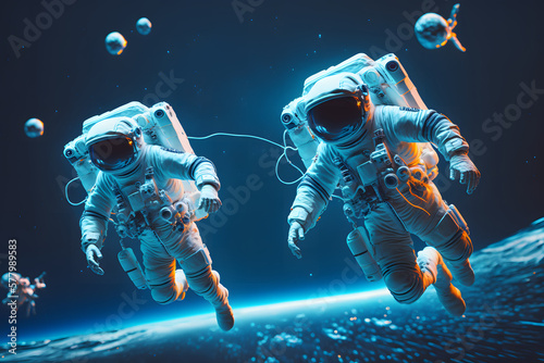 Astronauts flying in space created with generative AI technology