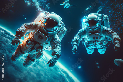 Astronauts flying in space created with generative AI technology