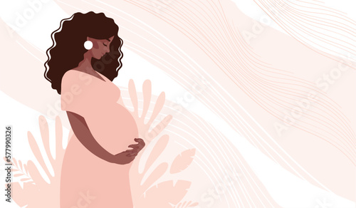 Foto Beautiful black pregnant woman banner with copy space, concept of pregnancy, family, parenthood
