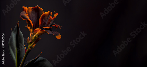 Dark orange canna flower in black background generative ai