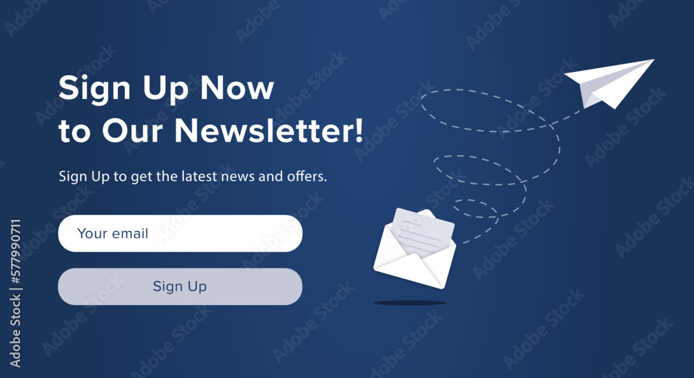 Sign up to newsletter blue banner.  Flying paper plane with letter in envelope.  Vector illustration.