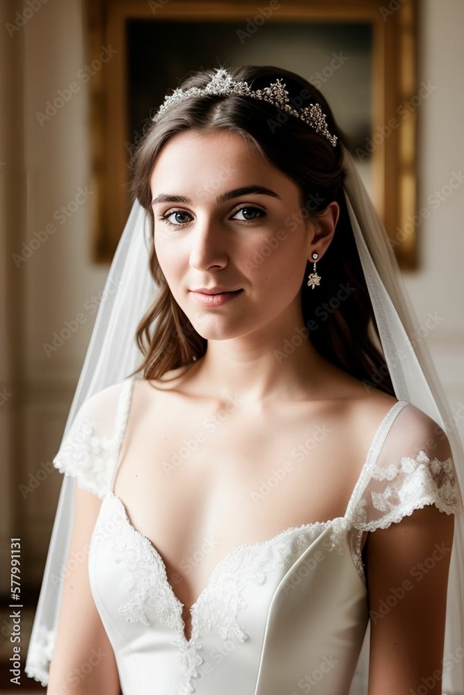 Fototapeta premium AI A portrait of a radiant 25-year-old bride beaming with joy in her elegant wedding dress. Captivating and radiant, this 25-year-old bride exudes happiness and beauty in her stunning wedding gown, 