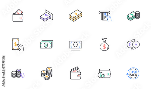 Money and payment line icons. Cash, Wallet and Coins. Account cashback linear icon set. Bicolor outline web elements. Vector