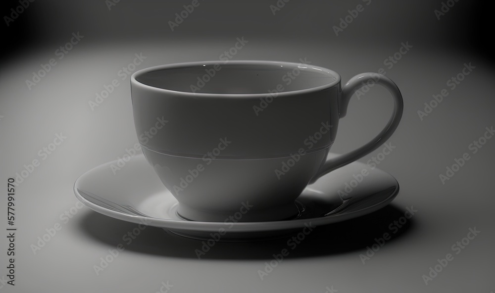 a white coffee cup and saucer on a saucer on a gray tablecloth with a shadow of the cup and saucer on the plate. generative ai a white coffee cup and saucer on a saucer on a gray tablecloth with a shadow of the cup and saucer on the plate. generative ai