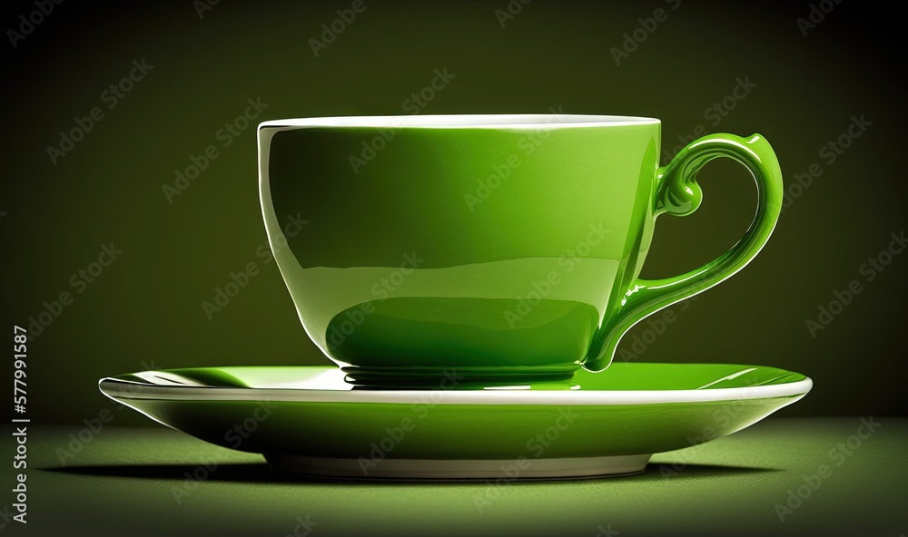 a green coffee cup and saucer on a green tablecloth with a black background and a green background with a green background and a black background. generative ai a green coffee cup and saucer on a green tablecloth with a black background and a green background with a green background and a black background. generative ai
