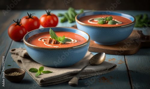  two bowls of tomato soup on a wooden table with tomatoes and basil on the side of the bowl and a spoon in front of the bowl. generative ai