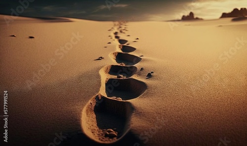  a long line of footprints in the sand of a beach at sunset or sunrise with a mountain in the distance in the distance in the distance.  generative ai