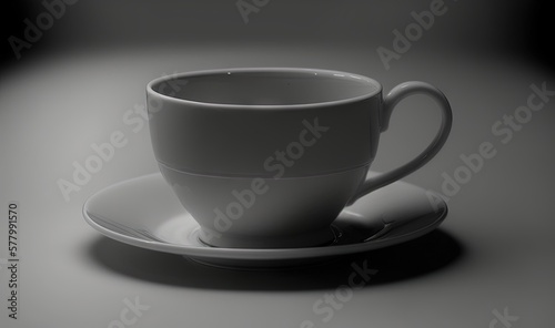  a white coffee cup and saucer on a saucer on a gray tablecloth with a shadow of the cup and saucer on the plate. generative ai