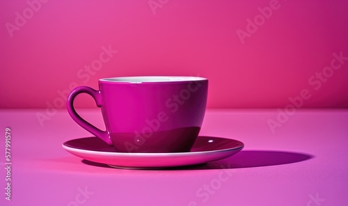  a purple coffee cup and saucer on a pink background with a shadow of the cup and saucer on the saucer on the plate.  generative ai