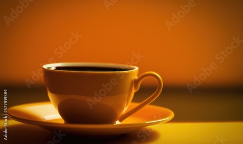  a cup of coffee sitting on top of a saucer on top of a yellow tablecloth covered tablecloth with a shadow of a wall in the background.  generative ai