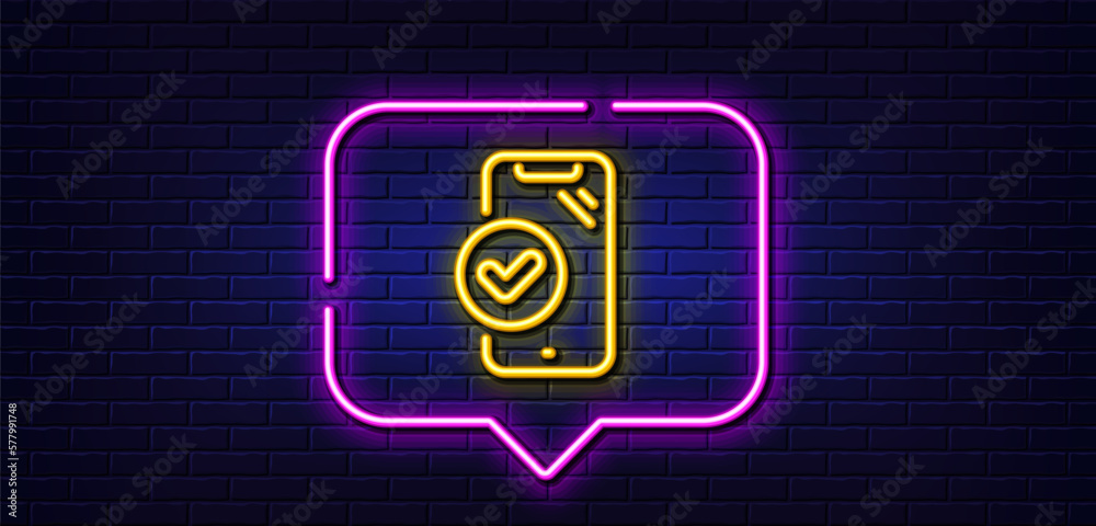 Neon light speech bubble. Approved phone line icon. Accepted smartphone sign. Verified device symbol. Neon light background. Approved phone glow line. Brick wall banner. Vector
