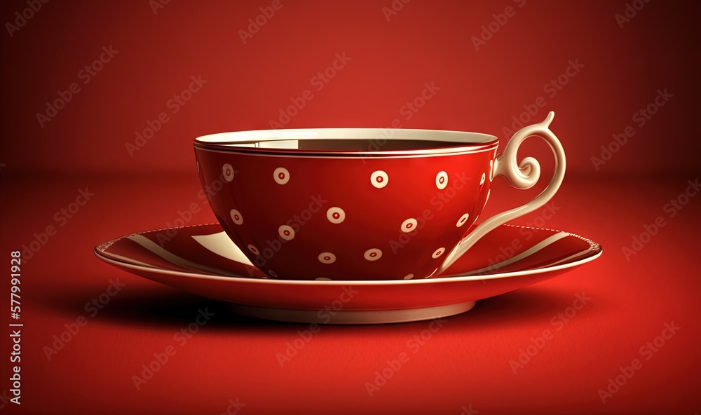 a red coffee cup with a saucer on a saucer on a red background with a white polka dot design on the cup and saucer. generative ai a red coffee cup with a saucer on a saucer on a red background with a white polka dot design on the cup and saucer. generative ai