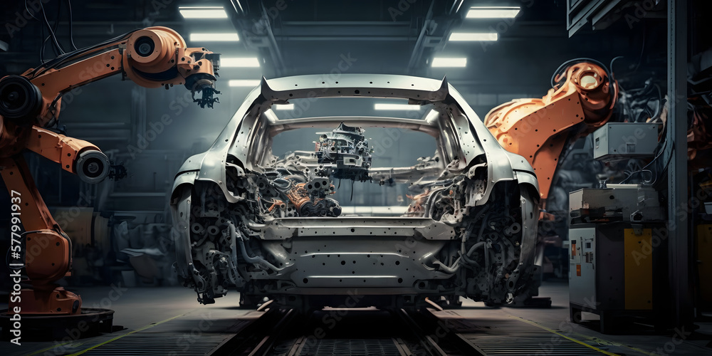 Fototapeta premium Banner Modern manufacture car factory, conveyor line with Automated robot arm with sunlight. Concept innovation Industry engineer. Generation AI.