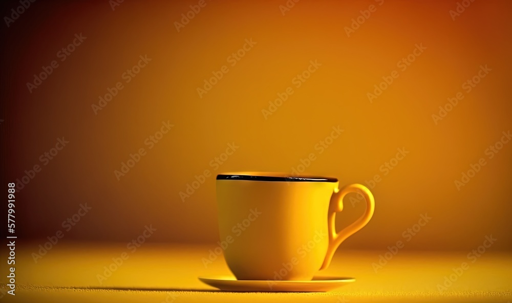 a yellow coffee cup sitting on top of a yellow counter top next to a yellow wall with a shadow of the cup on it's side. generative ai a yellow coffee cup sitting on top of a yellow counter top next to a yellow wall with a shadow of the cup on it's side. generative ai
