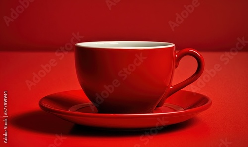  a red coffee cup and saucer on a red tablecloth with a red background and a red wall behind it, with a red backdrop. generative ai