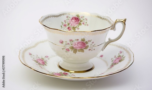  a tea cup with a saucer and saucer on a saucer with a rose pattern on the side of the cup and a gold trim around the edge.  generative ai