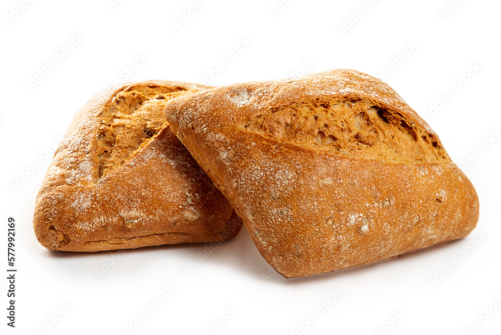 Two rye flour buns on a white background. Isolate