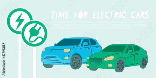 Time for electric cars. Green and blue cars. Electric car priority road sign and charging station sign. Vector flat illustration timed to ban petrol and diesel cars in Europe.