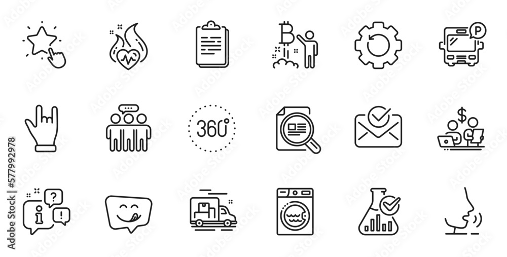 Outline set of Yummy smile, Recovery gear and 360 degrees line icons for web application. Talk, information, delivery truck outline icon. Include Bitcoin project, Ranking star, Clipboard icons. Vector Outline set of Yummy smile, Recovery gear and 360 degrees line icons for web application. Talk, information, delivery truck outline icon. Include Bitcoin project, Ranking star, Clipboard icons. Vector