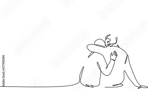 continuous silhouette drawing of a man embracing a woman sitting on the floor. Close-up. The concept of the psychology of love, print on a T-shirt, notebooks,