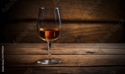  a glass of wine sitting on top of a wooden table next to a bottle of wine and a glass filled with wine on top of a wooden table. generative ai