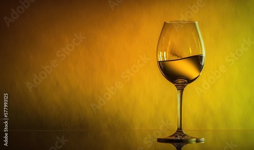  a glass of wine sitting on top of a table next to a yellow wall with a reflection of the wine in the wine glass on the table.  generative ai