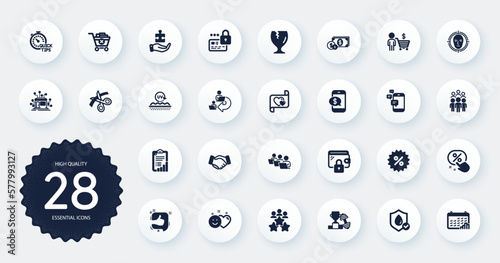 Set of Business icons, such as Waterproof, Scissors and Teamwork flat icons. Remove purchase, Quick tips, Dumbbell web elements. Like, Buyer, Group people signs. Checklist. Circle buttons. Vector