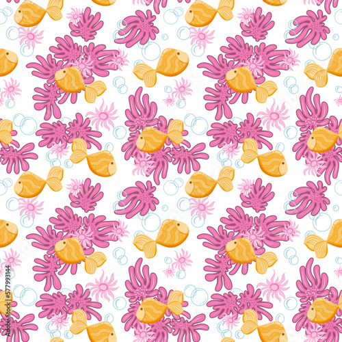 Wallpaper Mural Seamless wallpaper with  sea pattern of  seabed with  cute fish on white background. Vector image in cartoon style. Design for fabric, print, post, social networks.  Torontodigital.ca