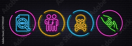 Chemical hazard, Seo file and Survey minimal line icons. Neon laser 3d lights. Helping hand icons. For web, application, printing. Toxic death, Search document, Contract. Give gesture. Vector