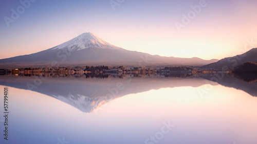 Mount Fuji viewed from Kawaguchi lake in evening Japan