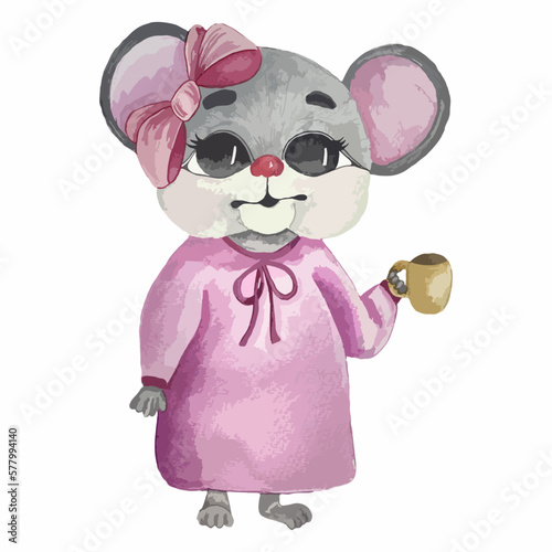 watercolor illustration of a mouse in a pink dress with a cup