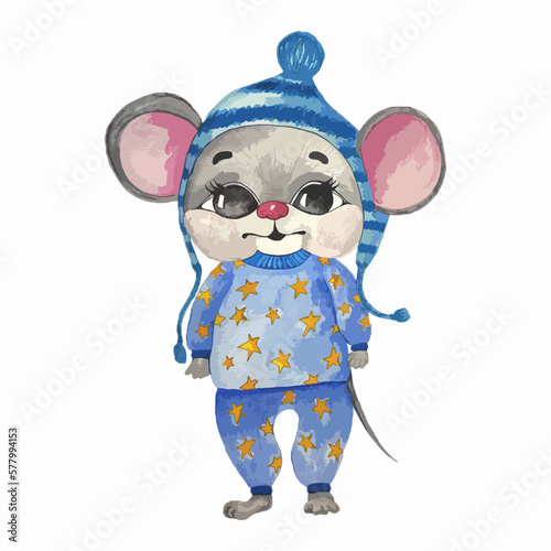 watercolor illustration of a mouse in blue pajamas
