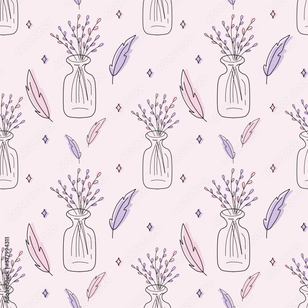 Gentle seamless pattern with vials, feather and flowers on the pink background. Esoteric vector illustration