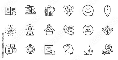 Outline set of Chemistry experiment, Success and Friend line icons for web application. Talk, information, delivery truck outline icon. Include Fake news, Swipe up, Scroll down icons. Vector