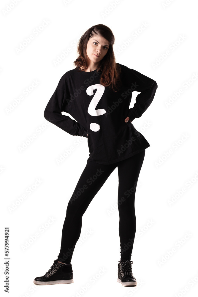 Fototapeta premium Full body portrait of a girl wearing black outfit with white question mark isolated on white background