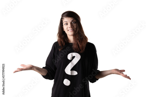 Portrait of a girl wearing black outfit with white question mark making questionable hand gestures. Isolated on white background