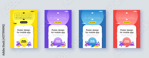 Poster frame with phone interface. We are closed tag. Business closure sign. Store bankruptcy symbol. Cellphone offer with quote bubble. Closed message. Vector