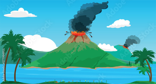 moment of eruption of volcanic mountain by the lake lava flows down the mountain
