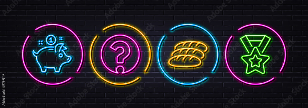 Question mark, Saving money and Bread minimal line icons. Neon laser 3d lights. Winner ribbon icons. For web, application, printing. Ask support, Piggy bank, Fresh baguette. Best award. Vector Question mark, Saving money and Bread minimal line icons. Neon laser 3d lights. Winner ribbon icons. For web, application, printing. Ask support, Piggy bank, Fresh baguette. Best award. Vector