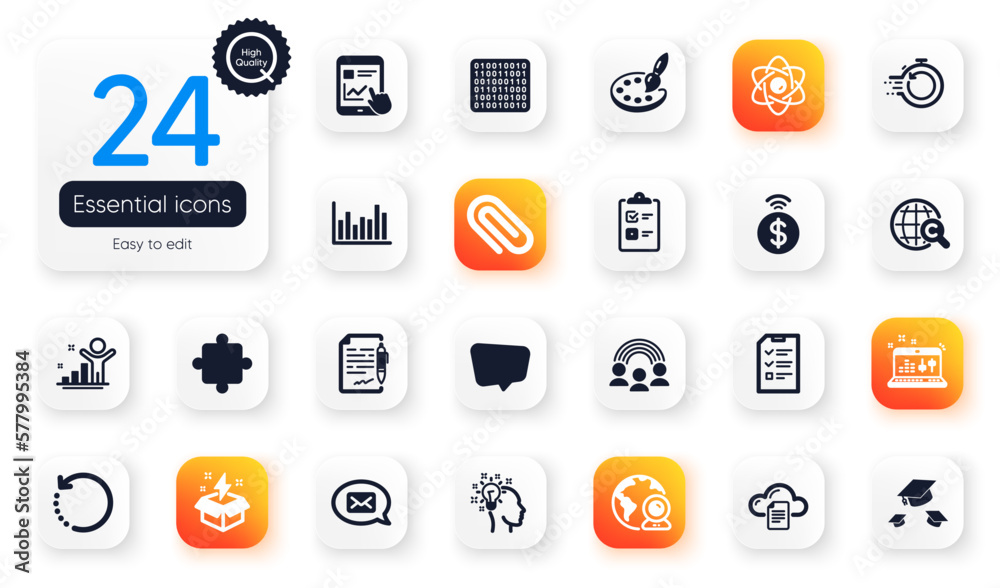Set of Education flat icons. Palette, Checklist and Puzzle elements for web application. Inclusion, Agreement document, Internet report icons. Paper clip, Fast recovery, Throw hats elements. Vector Set of Education flat icons. Palette, Checklist and Puzzle elements for web application. Inclusion, Agreement document, Internet report icons. Paper clip, Fast recovery, Throw hats elements. Vector