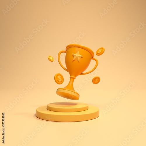 3d winner trophy award golden cup and gold medal on the podium background award ceremony cartoon style 3d on a yellow background