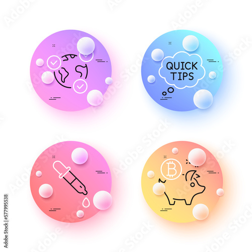 Quick tips, Bitcoin coin and Chemistry pipette minimal line icons. 3d spheres or balls buttons. Online voting icons. For web, application, printing. Helpful tricks, Piggy bank, Laboratory. Vector