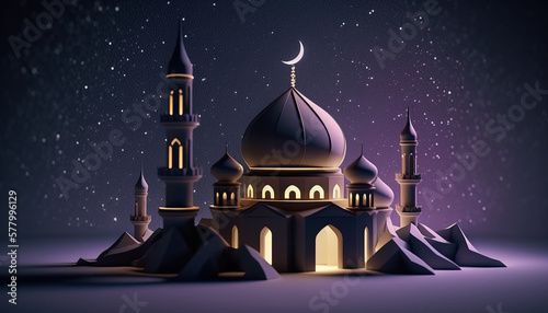 Dreamy mosque against magical galaxy background ramadan kareem design