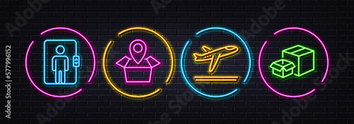 Package location, Elevator and Departure plane minimal line icons. Neon laser 3d lights. Packing boxes icons. For web, application, printing. Vector